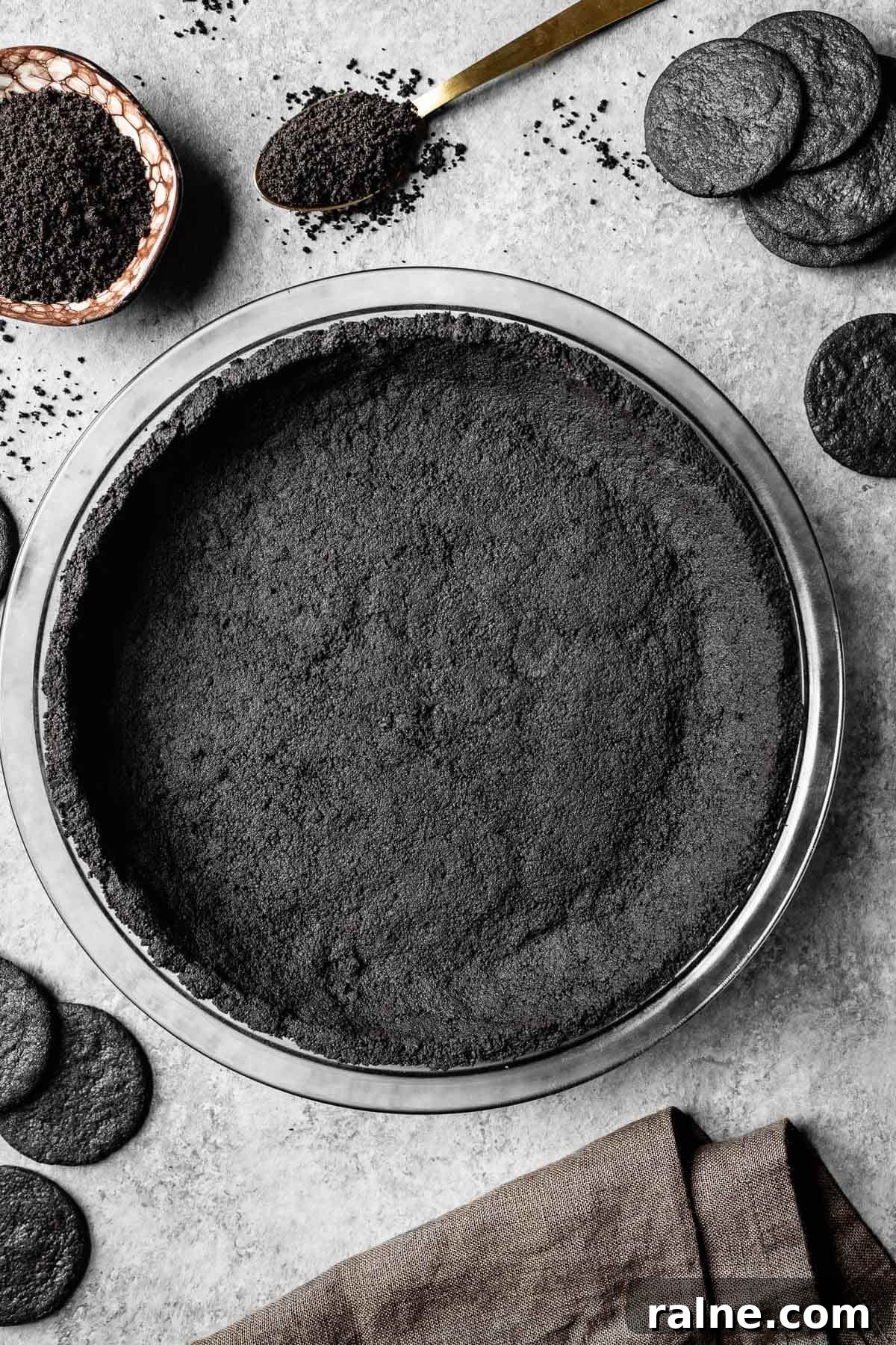 Chocolate Cookie Crust Recipe for Perfect Pie and Cheesecake 2 A fully baked cookie crumb crust.