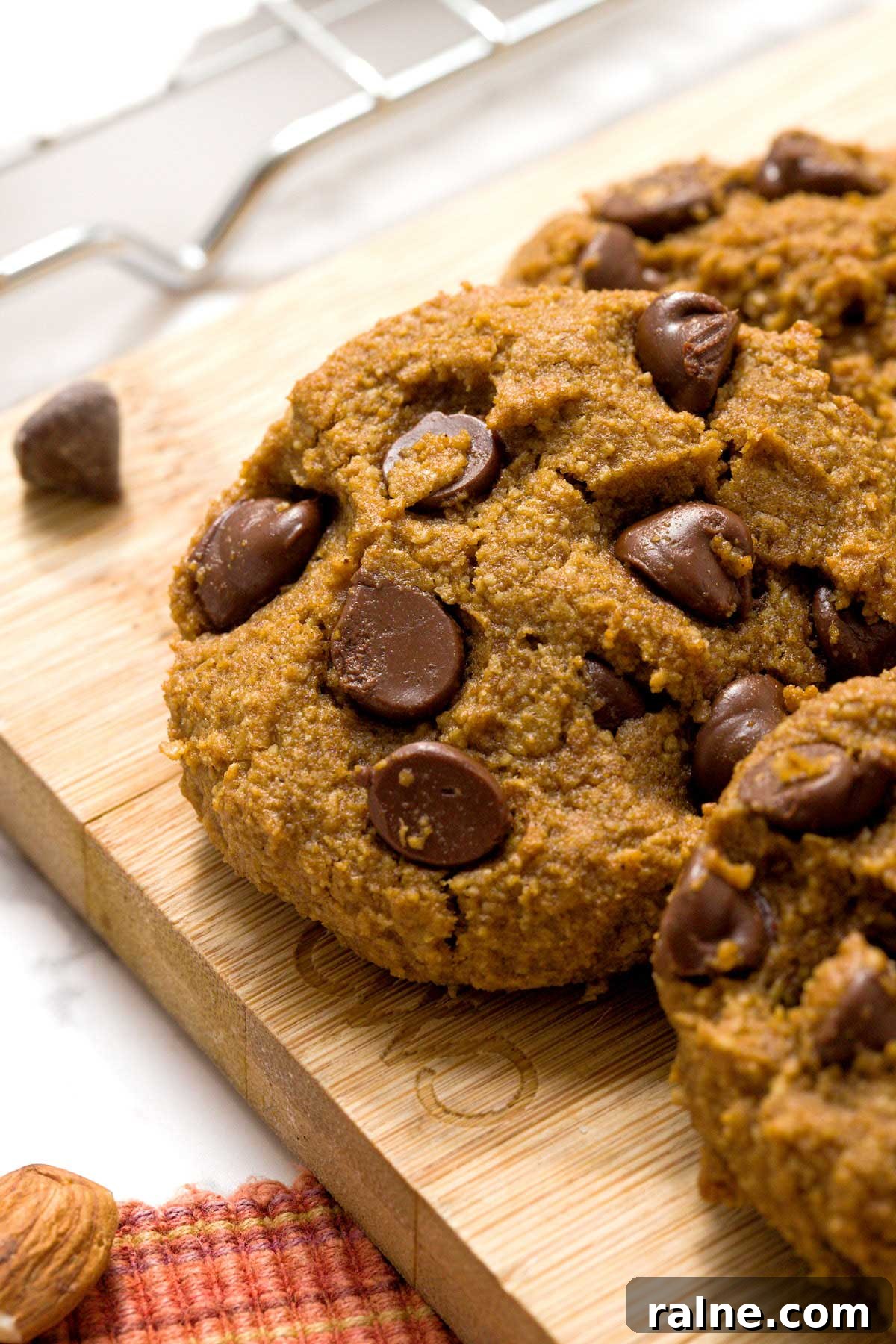 Vegan Gluten-Free Pumpkin Chocolate Chip Cookies 4 Close up of a gluten-free chocolate chip pumpkin cookie on a cutting board.