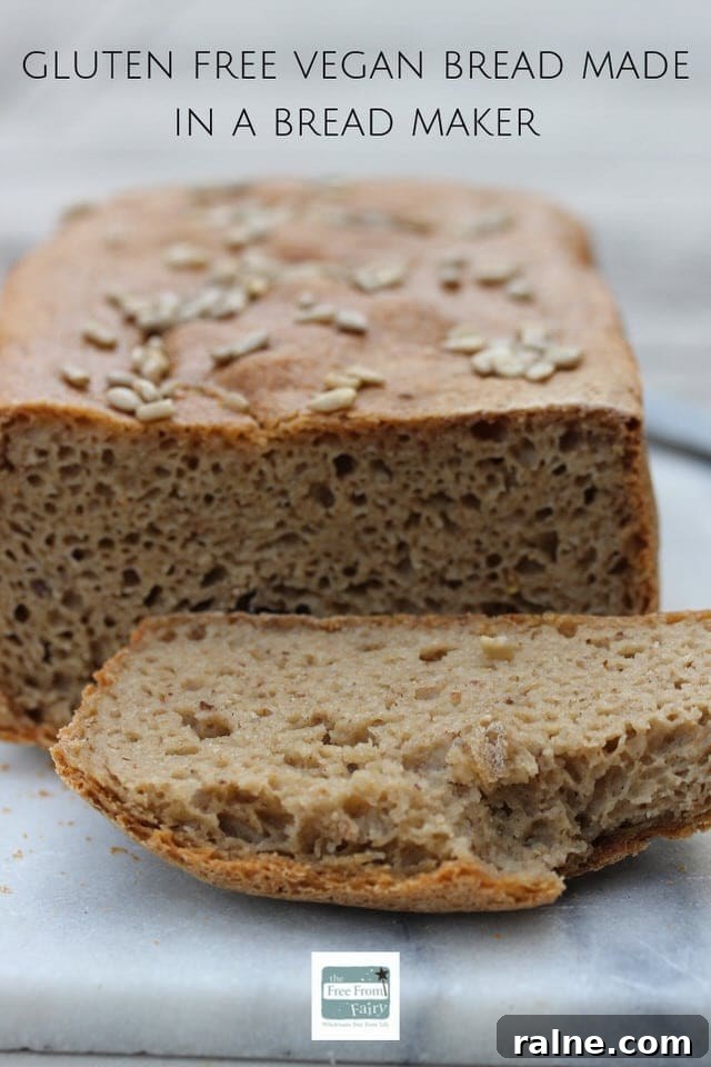 Gluten-Free Vegan Bread Machine Recipe: Soft Loaf Guide 7 A graphic showing a picture of the cu end of a loaf with the crust slice laying in front of it. There is a bite taken out the top of the slice. The text above the loaf reads "Gluten Free Vegan Bread Made In A Bread Maker"