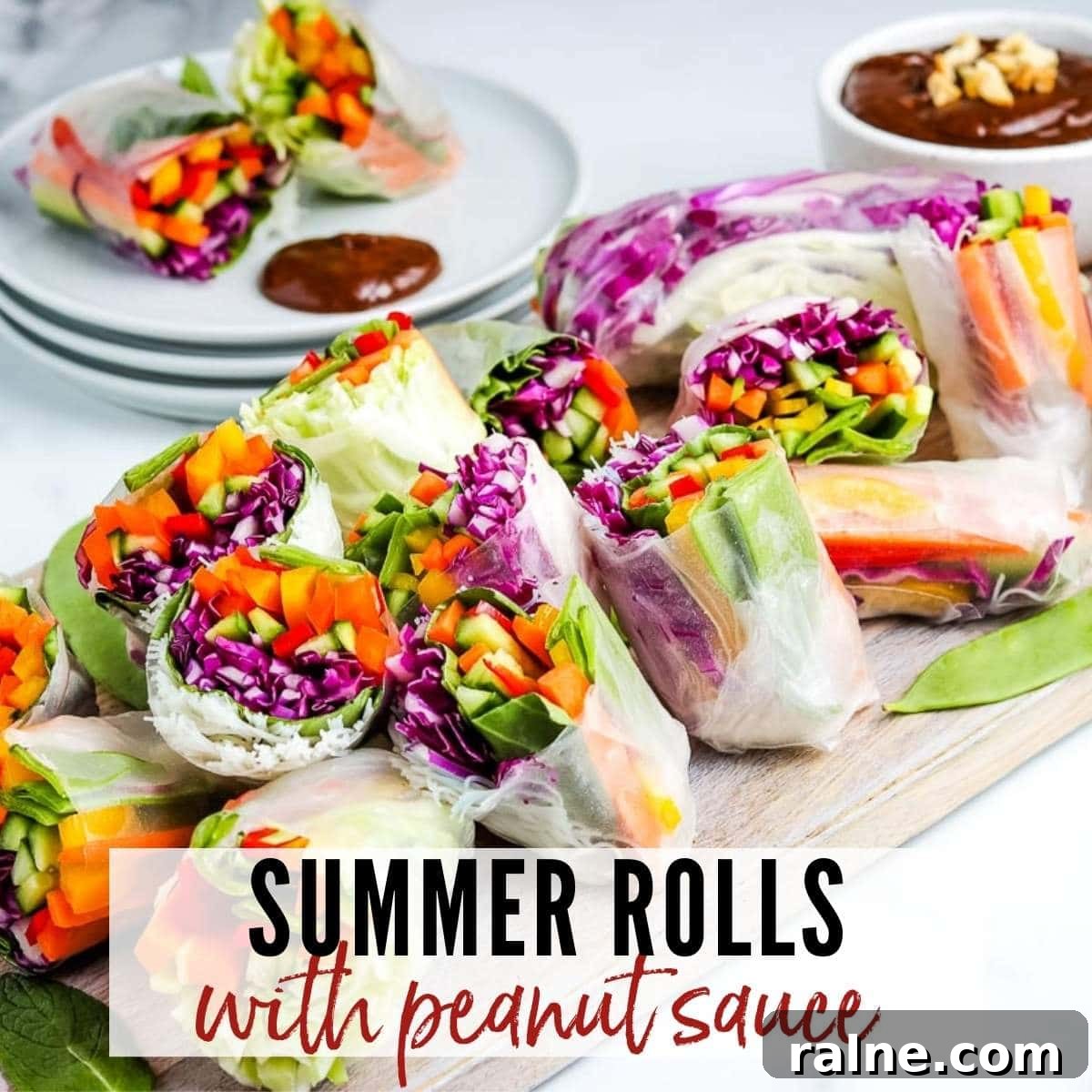 a tray of summer rolls next to ramekin of peanut sauce with text overlay