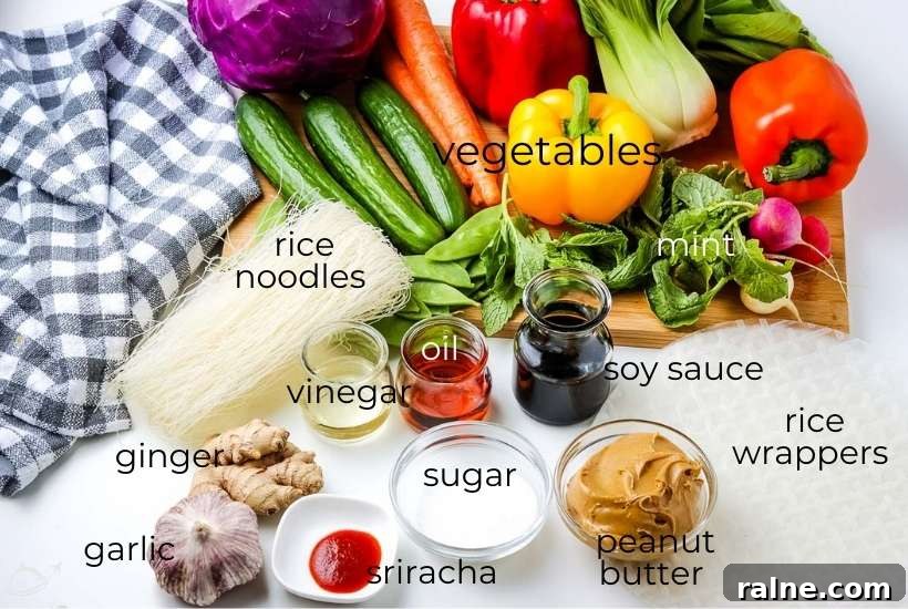 ingredients labeled to make summer rolls and homemade peanut sauce