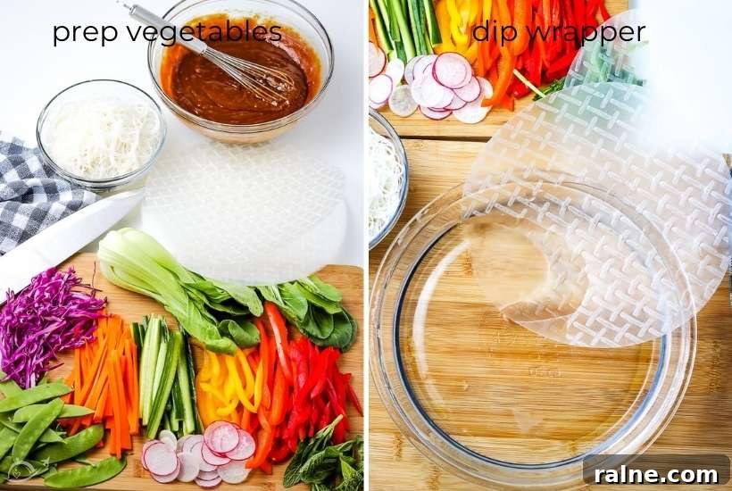 two image collage showing veggies being prepped and wrappers being dipped