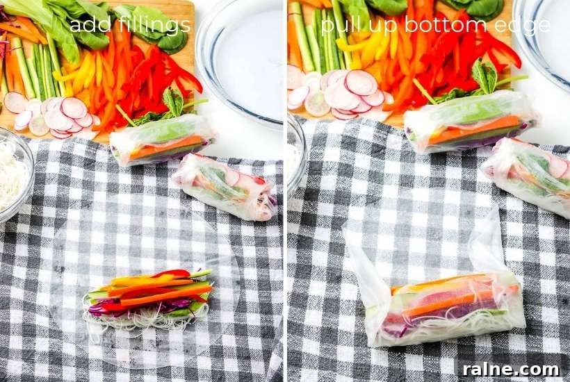 two image collage showing summer rolls being assembled