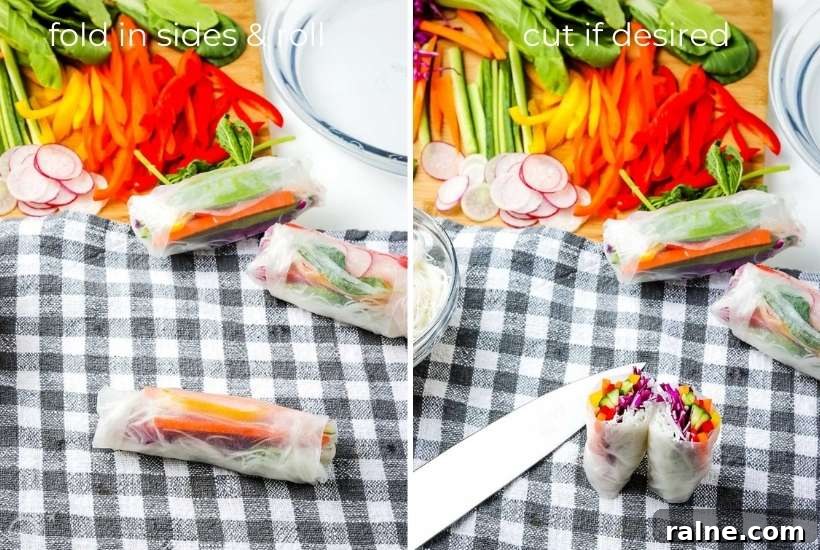 two image collage showing how to fold and cut the summer roll rice wrapper