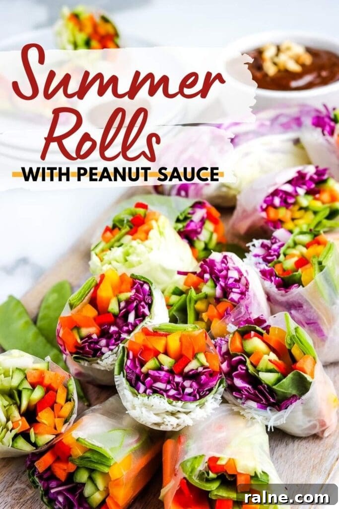 summer rolls cut in half stuffed with veggies and peanut sauce with text overlay