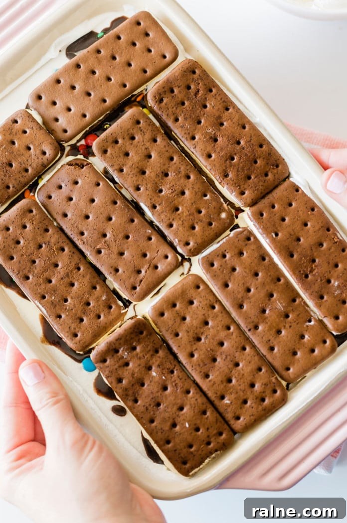 Ice cream sandwiches layered in a pan