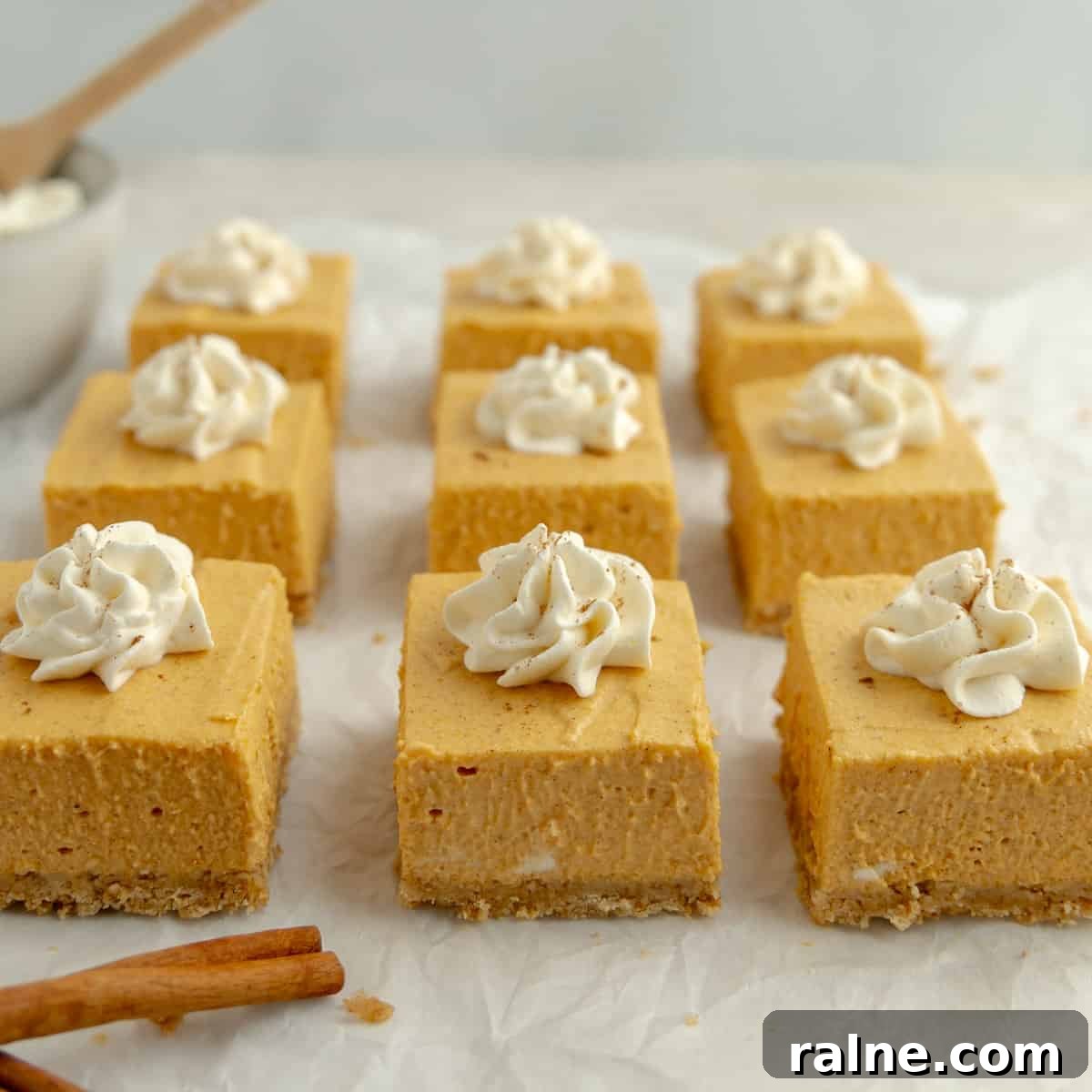 A group of pumpkin cheesecake squares topped with whipped cream. Cinnamon sticks on the side.