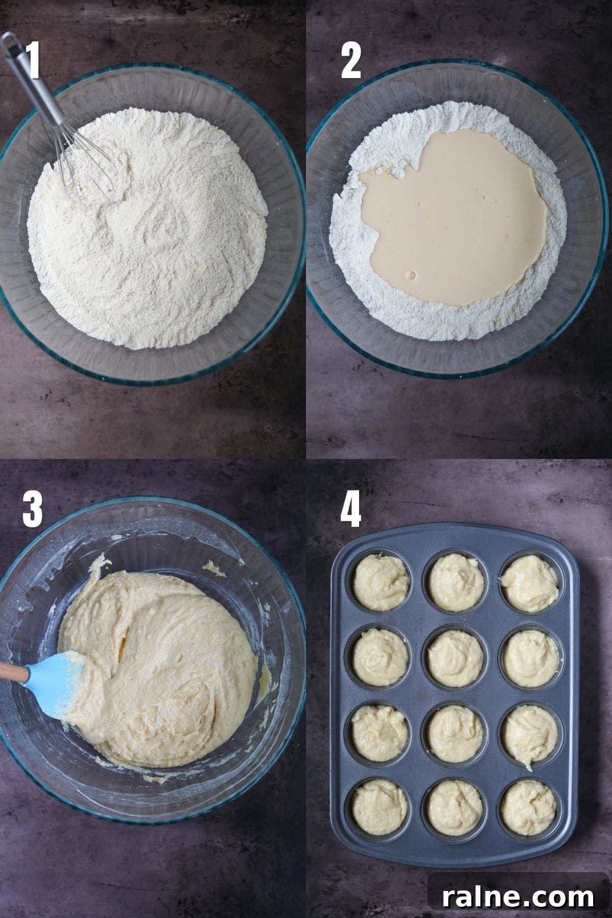 Step-by-step images for making buttermilk cornbread muffins.