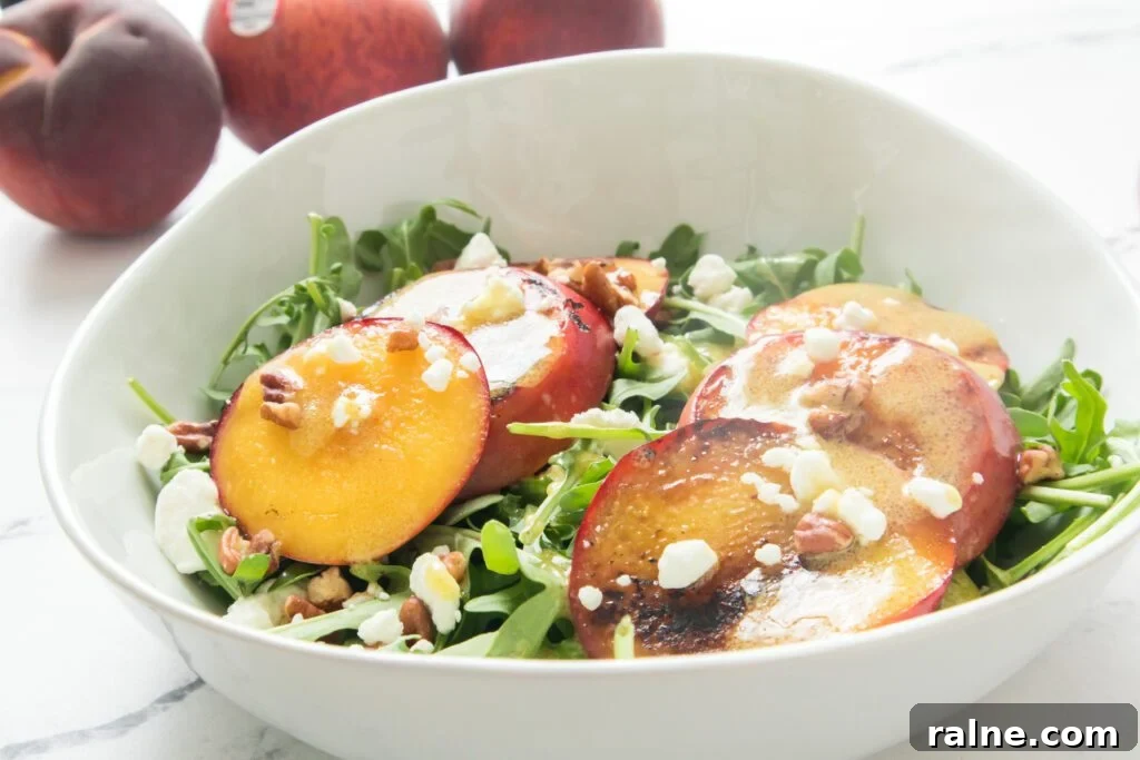 Grilled Peach salad in white bowl