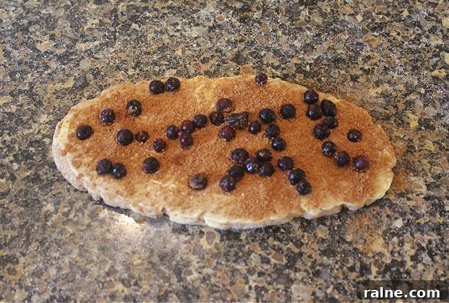 Single-Serve Blueberry Cinnamon Roll Recipe 9 Rolled out dough topped with sugar and blueberries on a granite counter.