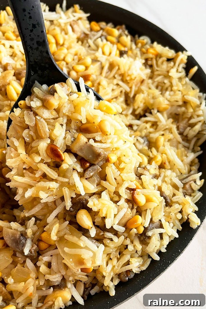 Spoonful of Mushroom Rice Pilaf in Black Pot- Closeup Shot