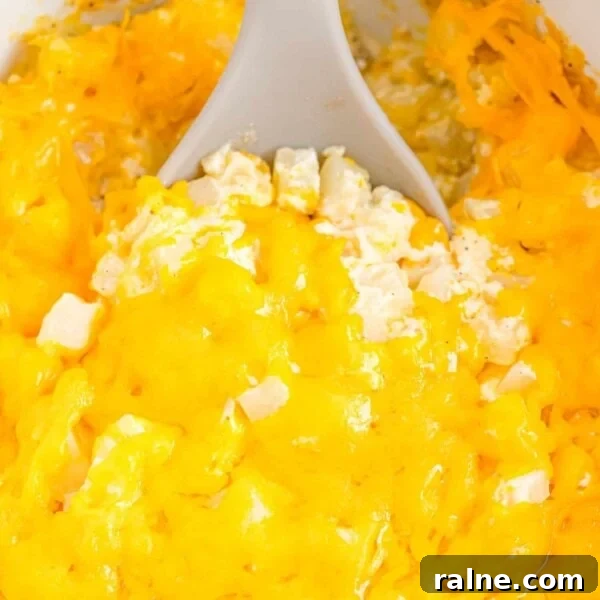 Slow-Cooker Spaghetti with Savory Meat Sauce 9 Spoon scooping out cheesy potatoes in a slow cooker.