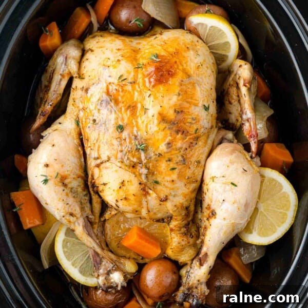 Slow-Cooker Spaghetti with Savory Meat Sauce 10 Whole chicken in a crockpot with potatoes and carrots.