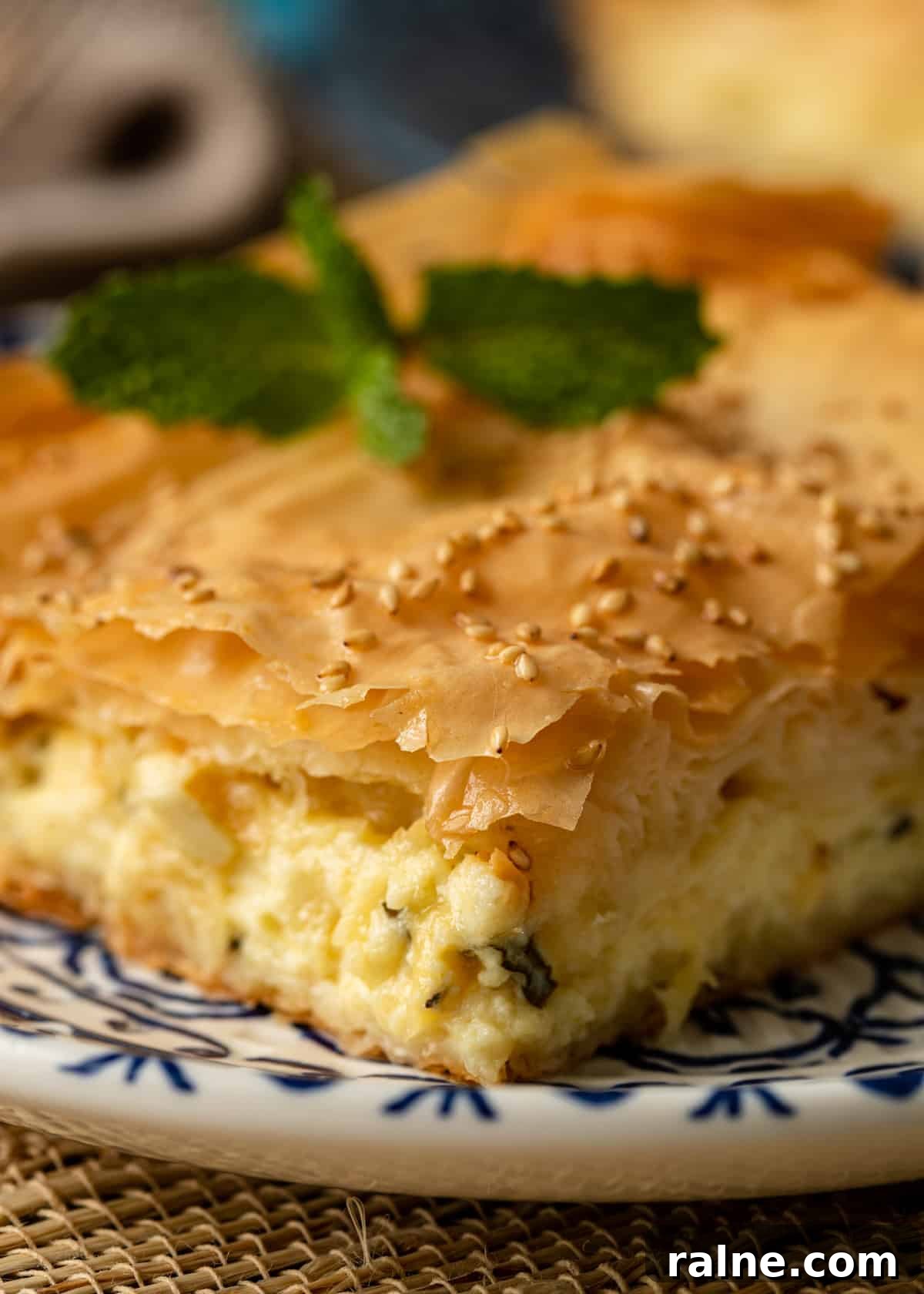 Tiropita: Authentic Greek Cheese Pie Recipe & Tips 3 extreme closeup: greek cheese pie on plate