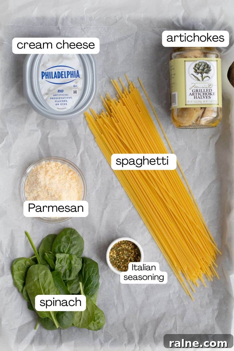 ingredients for spinach artichoke spaghetti