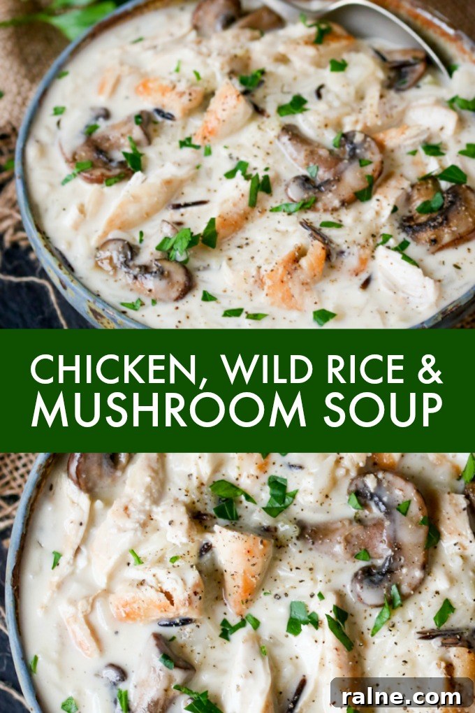 Chicken, Wild Rice & Mushroom Soup - The most comforting creamy soup ever! Savory mushrooms are the perfect veggie for this rich wild rice soup with succulent chicken.