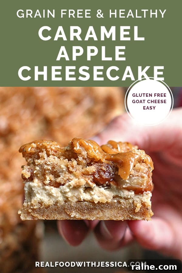 caramel apple cheesecake bars with text 