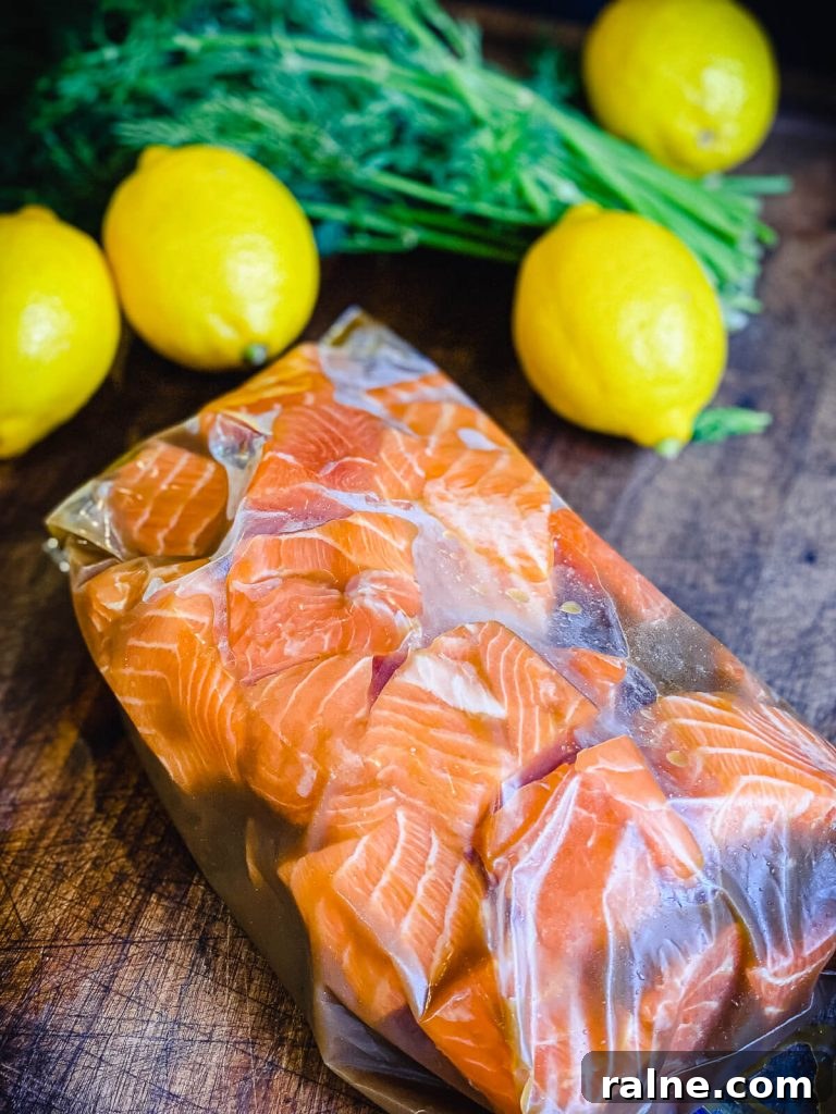 salmon pieces sealed in a bag of marinade 