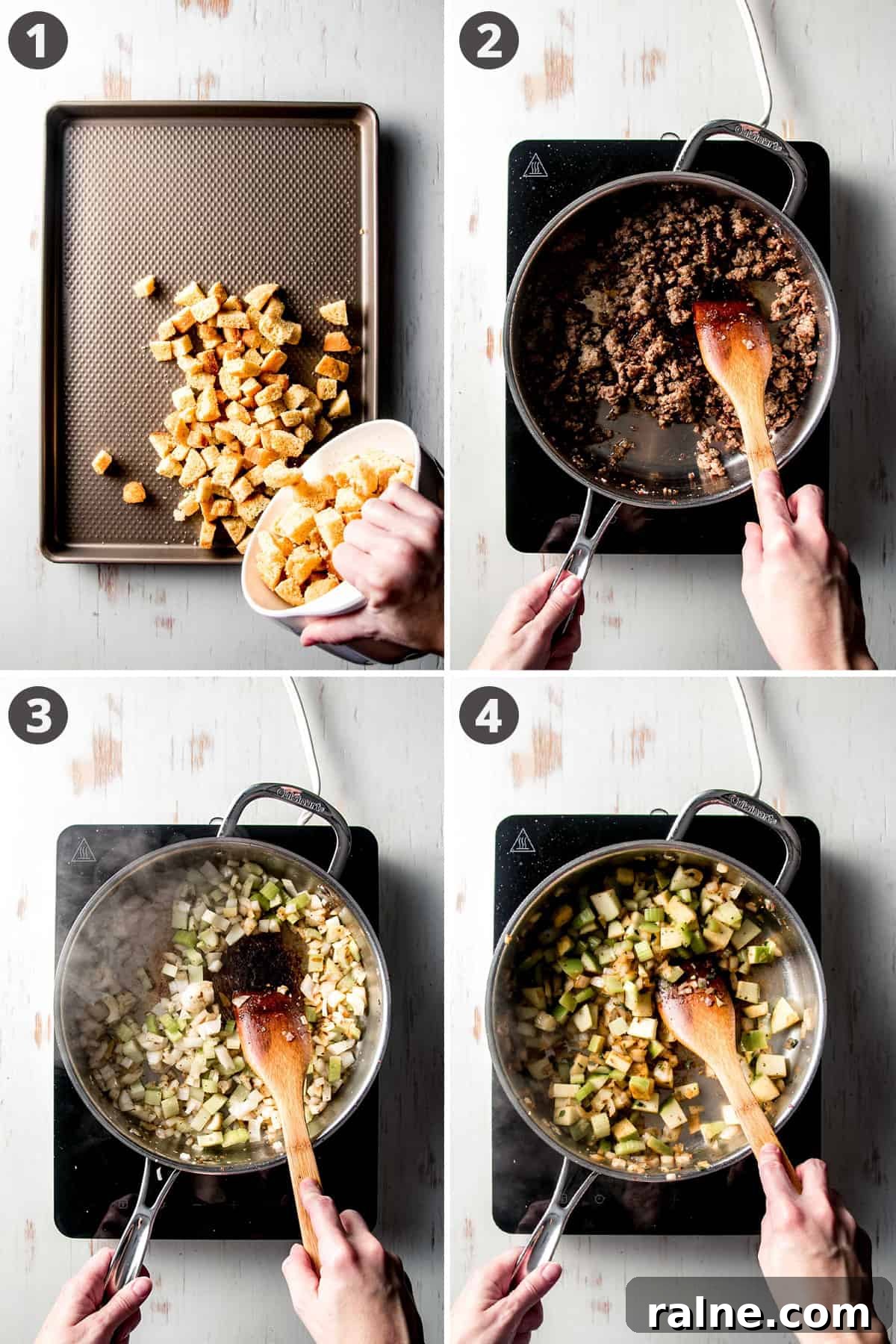 Gluten-Free Cornbread Stuffing with Sausage and Apples for Holiday Meals 4 Cornbread cubes falling onto sheet pan, sauteeing sausage in pan with wooden spoon, stirring vegetables in pan, stirring the apples into the vegetables.