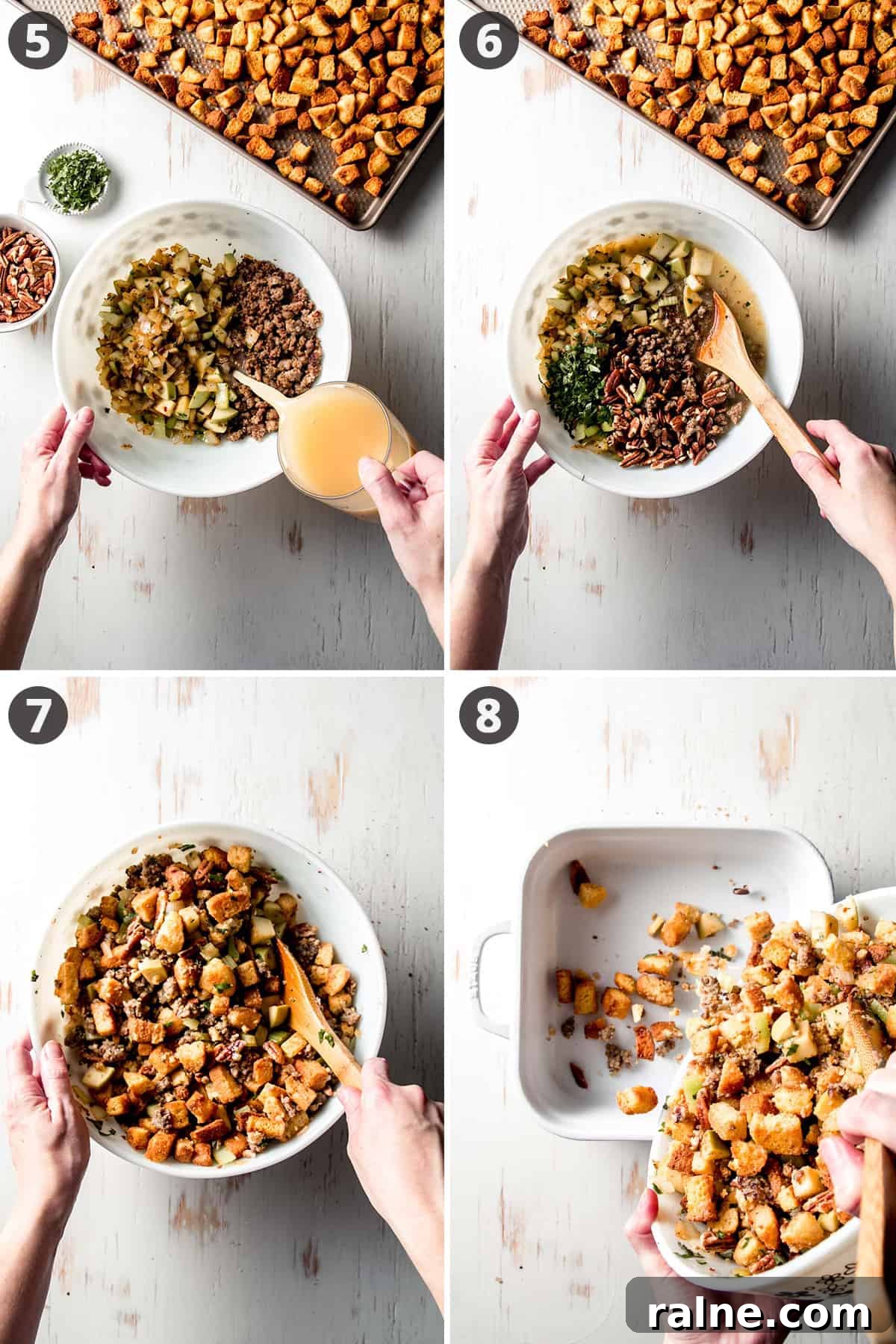 Gluten-Free Cornbread Stuffing with Sausage and Apples for Holiday Meals 5 Pouring broth into the bowl with sausage and vegetable mixture, folding in cornbread, pouring mixture into prepared casserole dish.