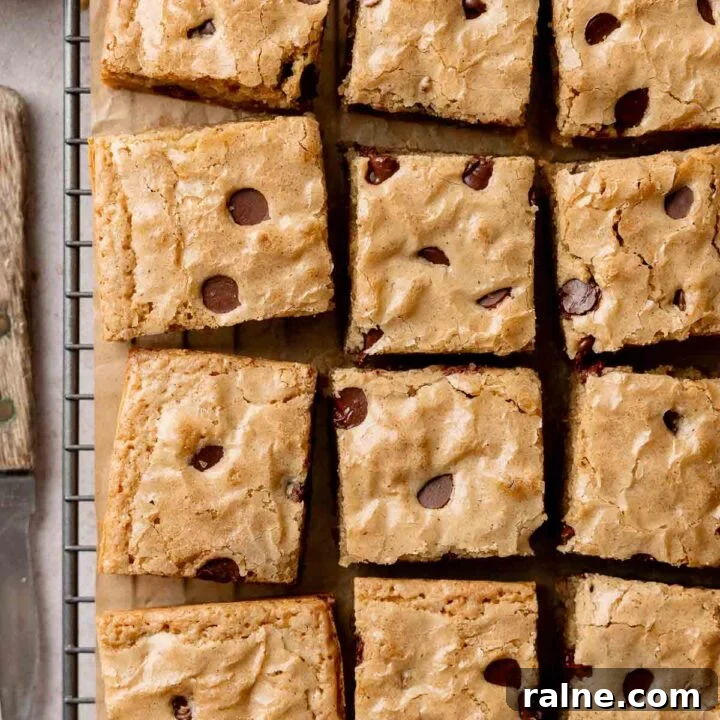 Squares of gluten-free blondies studded with chocolate chips on wire rack.