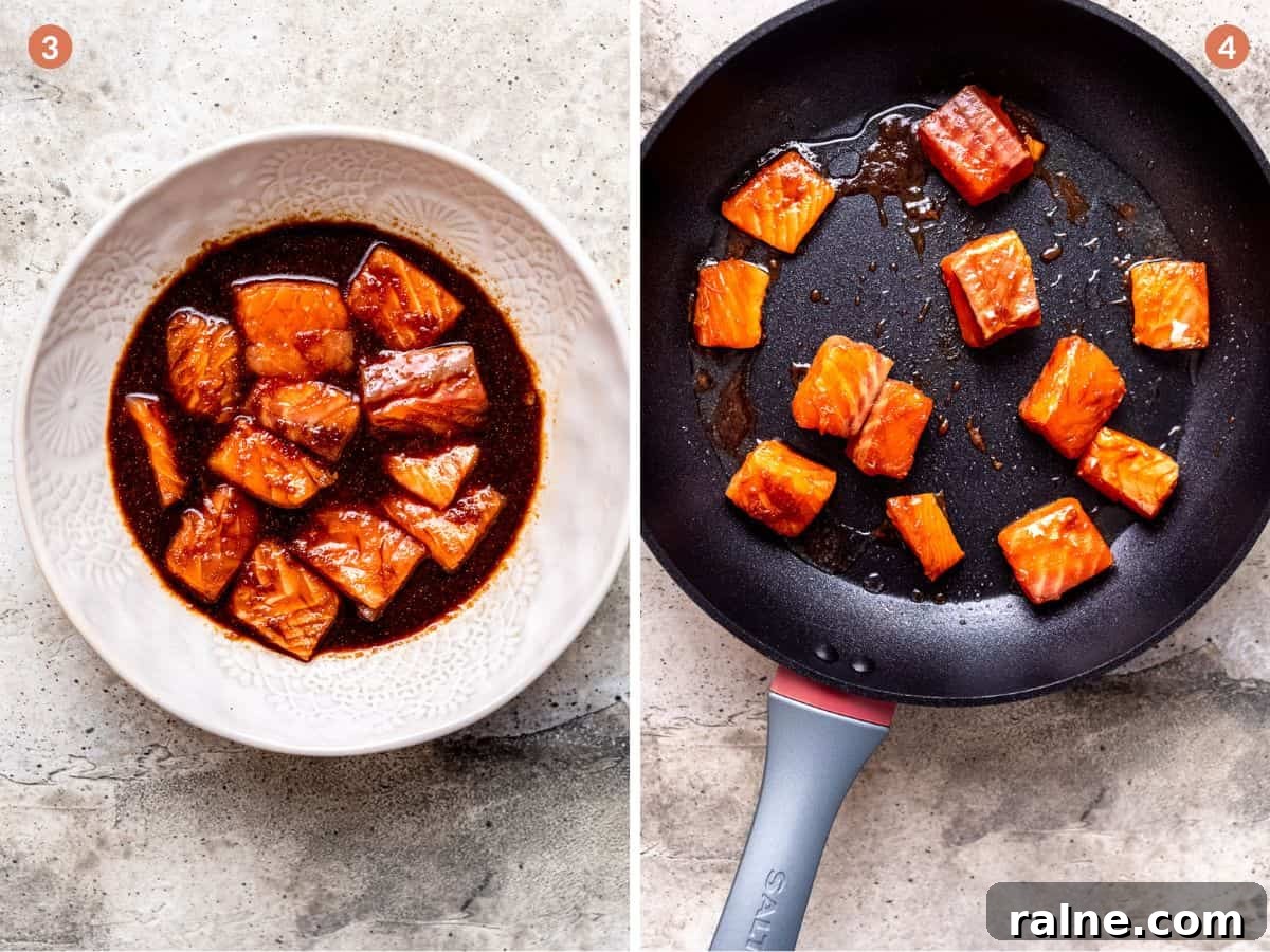 30-Minute Teriyaki Salmon Stir-Fry Recipe for Busy Weeknights 5 Stir-frying the marinated salmon.