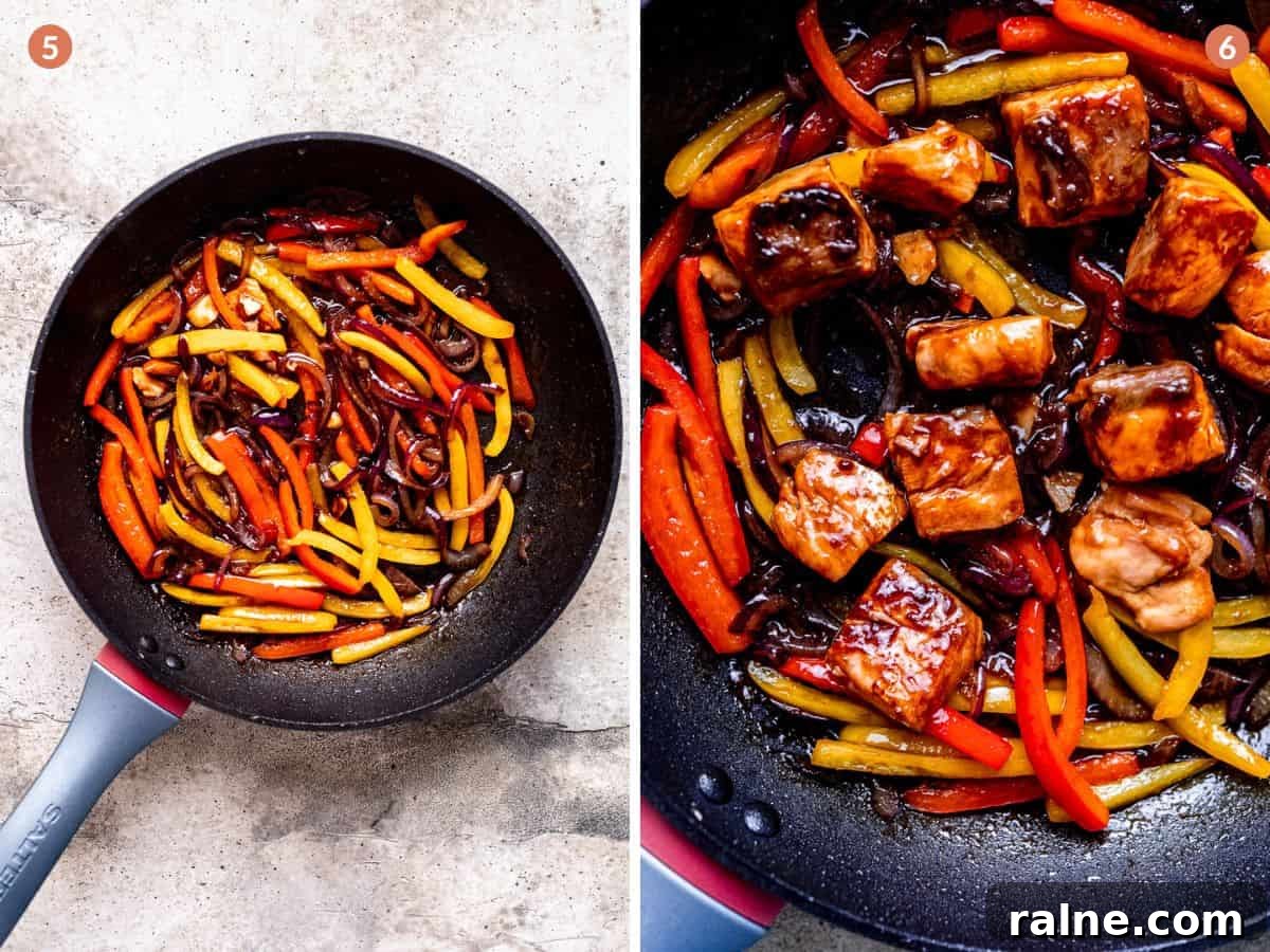 30-Minute Teriyaki Salmon Stir-Fry Recipe for Busy Weeknights 6 Cooking the peppers in the homemade teriyaki sauce.