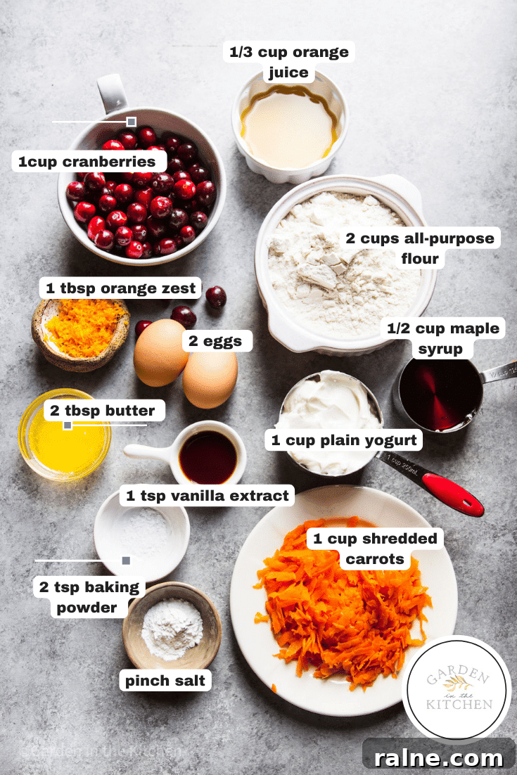 Cranberry Orange Carrot Cake Recipe with Zesty Glaze 3 ingredients for cranberry orange carrot cake in individual white bowls.