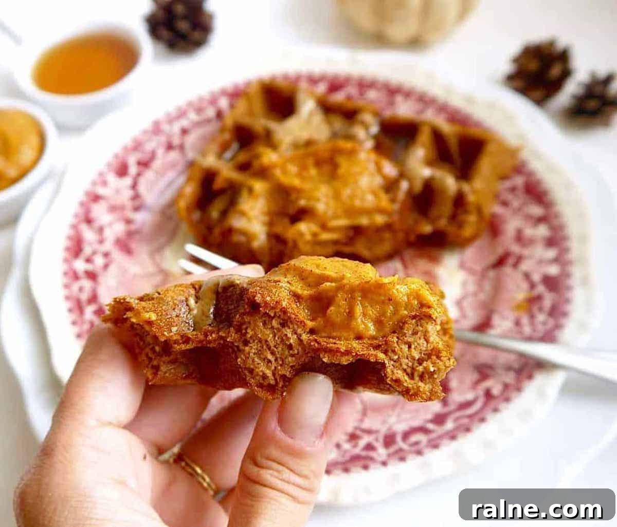 Pumpkin Paleo Waffles — Gluten- and Dairy-Free Recipe 8 A bite of dairy-free pumpkin waffles in someone's hands.