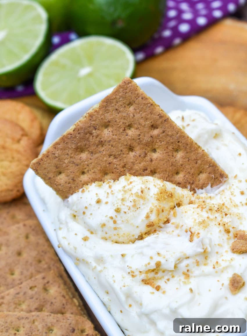 a graham cracker scooping key lime pie dip out of a small white serving dish