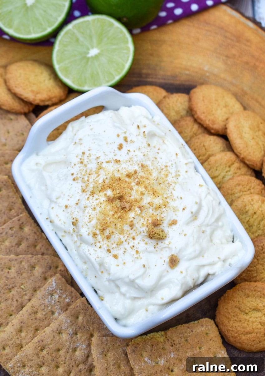 key lime pie dip topped with graham cracker crumbs in a small white serving dish