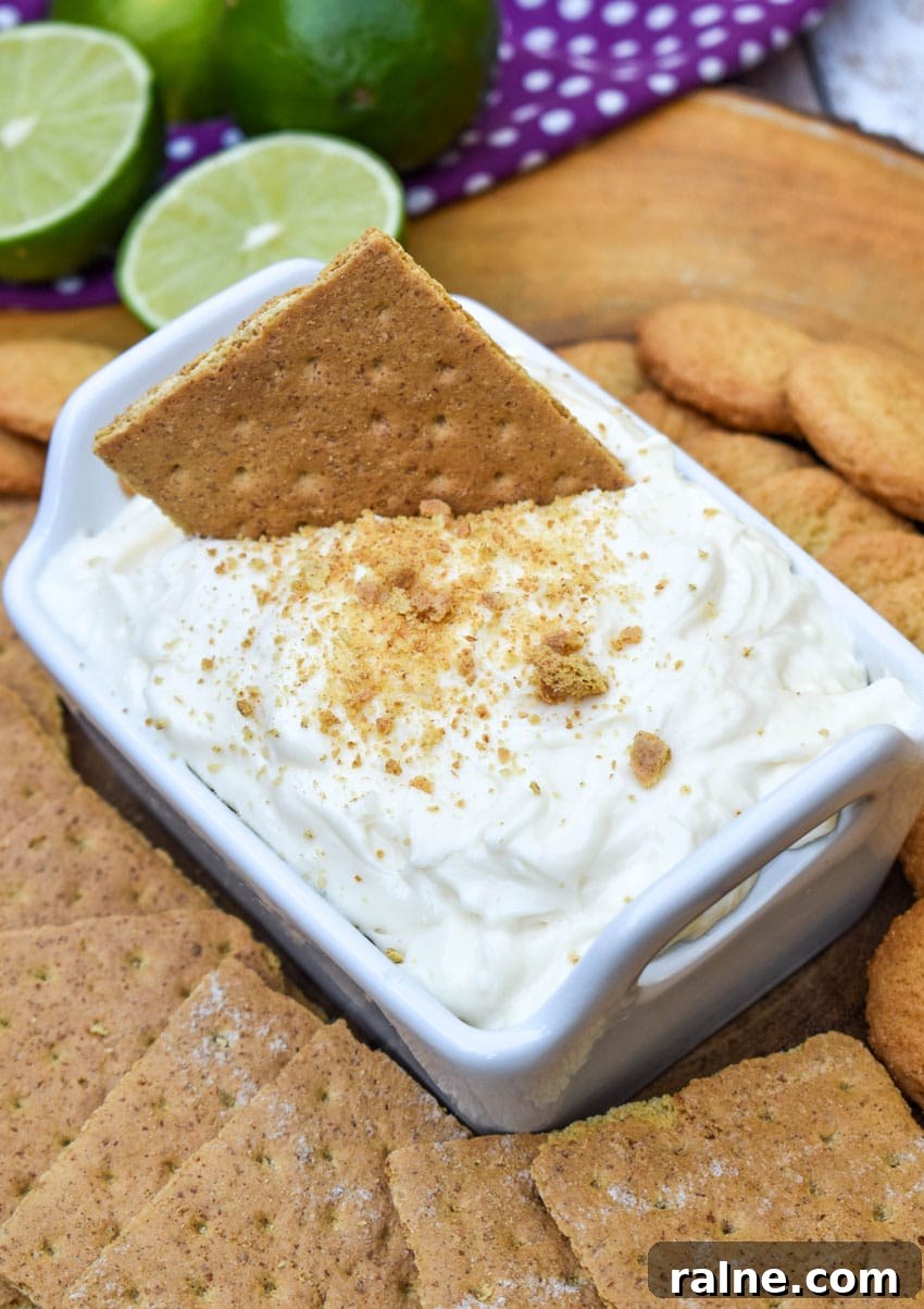 a graham cracker scooping key lime pie dip out of a small white serving dish