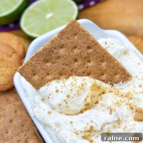a graham cracker scooping key lime pie dip out of a small white serving dish