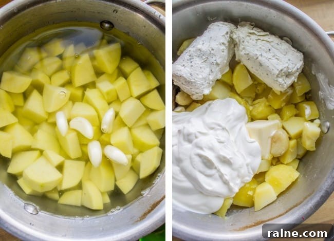 Ina Garten’s Make-Ahead Mashed Potatoes Recipe for Gatherings 8 boiled mashed potatos and goat cheese and garlc in a big pot, ready to be mashed.
