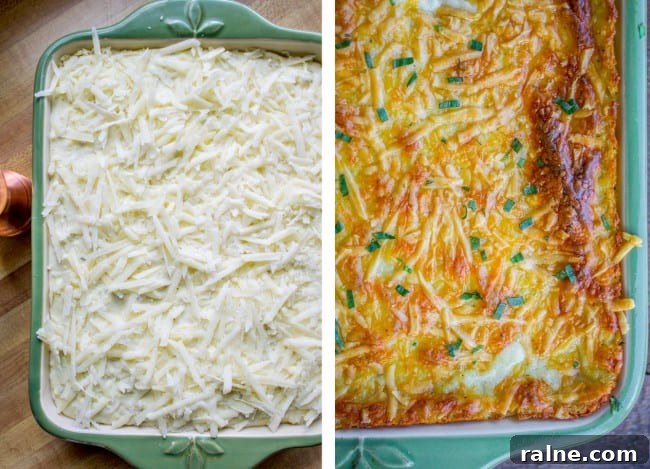 Ina Garten’s Make-Ahead Mashed Potatoes Recipe for Gatherings 9 before and after mashed potatoes in a big baking pan--one uncooked and one cooked.