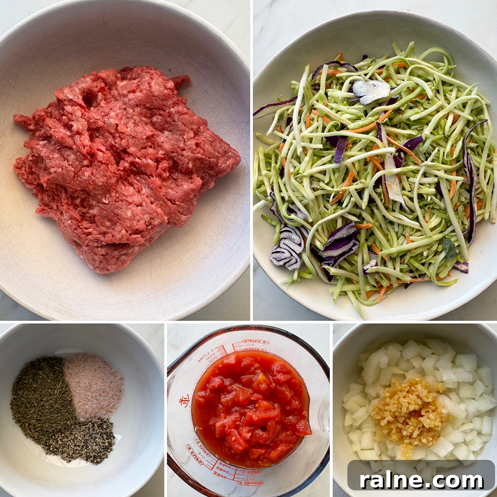 Slow-Cooker Slawghetti: Hearty Sausage Spaghetti Casserole 3 collage of ingredients for Slow Cooker Slawghetti