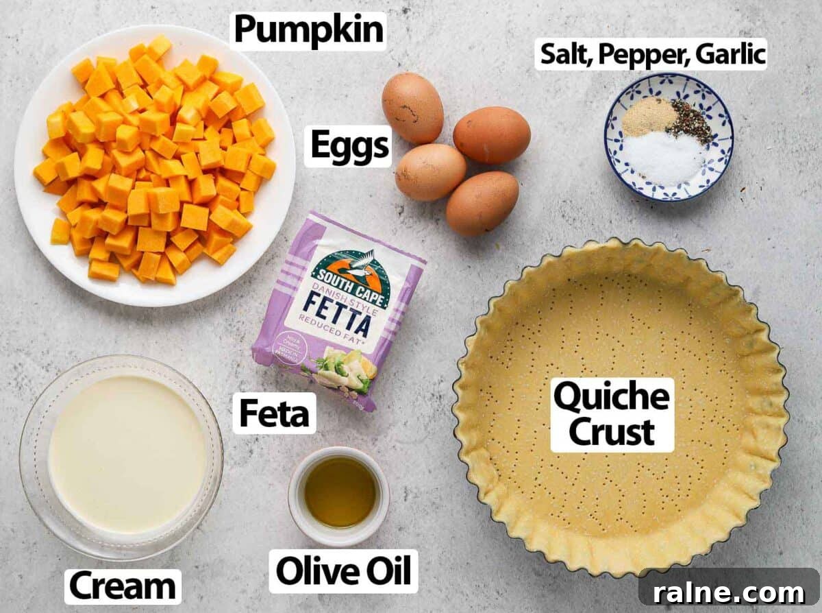Roasted Pumpkin and Sage Quiche with Flaky Pie Crust 3 Ingredients on a grey surface.