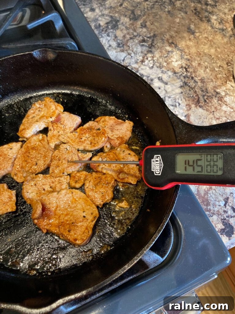 cooked pork with temperature of 145