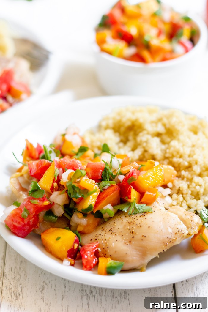 Fresh Peach Salsa Recipe for Grilling, Tacos & Summer Salads 3 Images shows a plate of chicken with fresh peach salsa