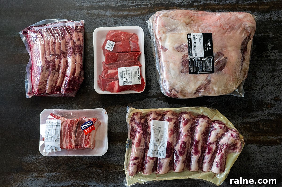 Beef Ribs Guide: Short Ribs, Back Ribs, Flanken & Cooking Tips 3 arrangement of raw beef plate ribs, flanken-cut short ribs, country style ribs, english-cut short ribs, beef back ribs in packaging.