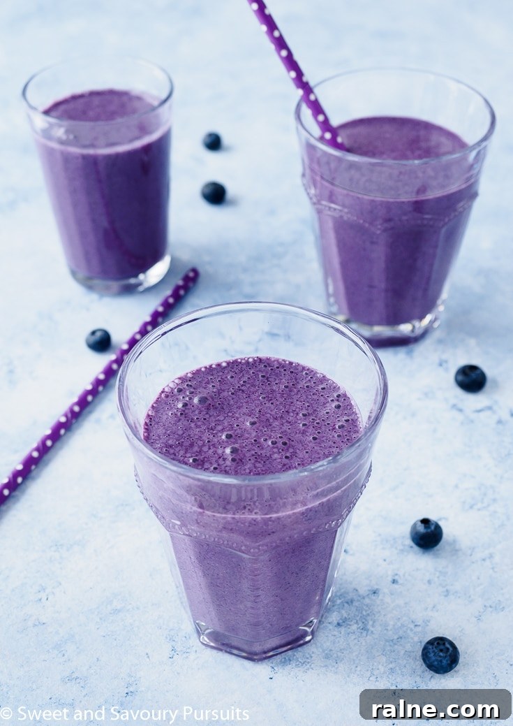 Blueberry Oatmeal Smoothie flavoured with coconut, cinnamon and nutmeg served in glasses.