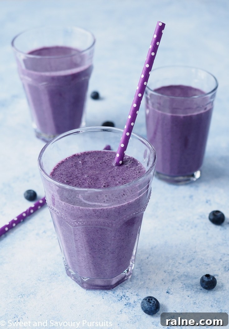Blueberry Oatmeal Smoothie flavoured with coconut, cinnamon and nutmeg served in glasses.