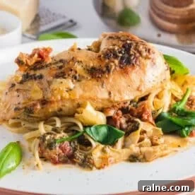 Quick Chicken Dinners for Busy Weeknights 12 A cooked chicken breast served over pasta with spinach, sun-dried tomatoes, and a creamy sauce on a white plate.