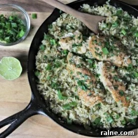 Quick Chicken Dinners for Busy Weeknights 18 A cast iron skillet with Mexican chicken and rice, garnished with chopped herbs; a glass bowl of herbs and half a lime are on the wooden surface nearby.
