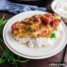 Quick Chicken Dinners for Busy Weeknights 20 Grilled chicken breast topped with cooked tomatoes and onions, served on a bed of white rice with parsley garnish on a white plate.