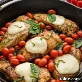 Quick Chicken Dinners for Busy Weeknights 7 Caprese chicken skillet topped with melted mozzarella cheese, garnished with basil leaves and surrounded by cherry tomatoes in a cast iron skillet.