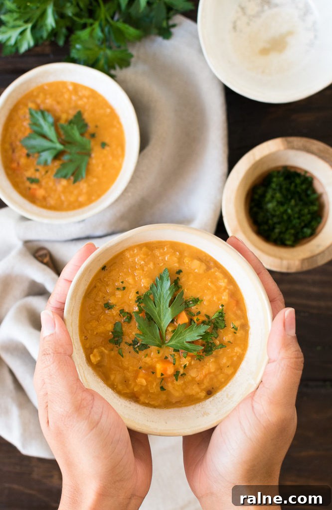 Creamy Coconut Red Lentil Soup with Warm Spices 6 a set of hands holds a bowl of lentil soup above a tabletop, garnished with fresh herbs