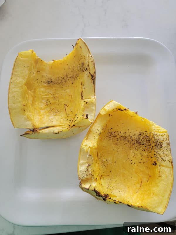 Crispy Air Fryer Spaghetti Squash with Garlic Parmesan 6 air fried spaghetti squash on a white plate