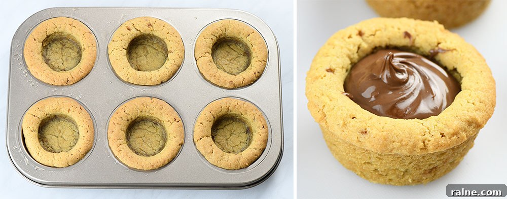 Baked cookie cups filled with Nutella.