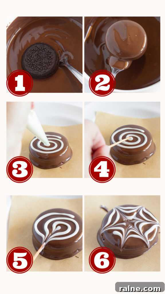 Six step by step photos of how to make spider web chocolate covered Oreos.